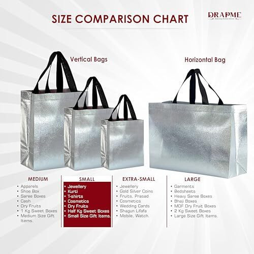 Drapme Small Size Pack Of 30 Pcs Glossy Metallic Laminated Non-Woven Reusable Eco-Friendly Party Return Gift Bags (Silver) (Small 9.5X10X4 Inch)