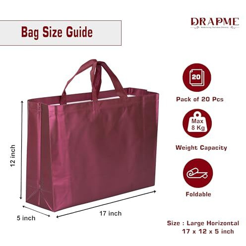 Drapme Large Size Pack Of 20 Pcs Matt Metallic Laminated Non-Woven Reusable Eco-Friendly Party Return Gift Bags (Wine) (Large 17X12X5 Inch)