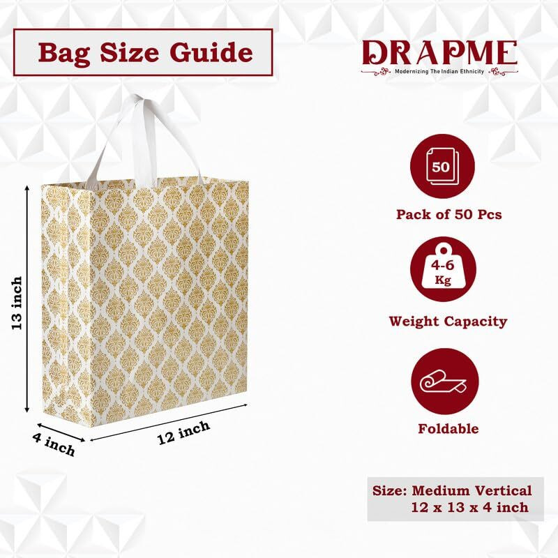 Drapme Festive Special Reusable Non-Woven Laminated Gift Bags, Wedding Gifts, Shagun, Saree, Mithai, Jewellery, Traditional Gifting Carry Bag (Medium - 12X13X4, White, Pack Of 50)