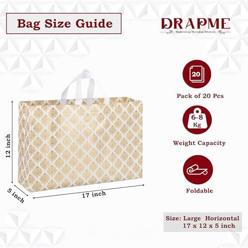 Drapme Festive Special Reusable Non-Woven Laminated Gift Bags, Wedding Gifts, Shagun, Saree, Mithai, Jewellery, Traditional Gifting Carry Bag (Large - 17X12X5, White, Pack Of 20)