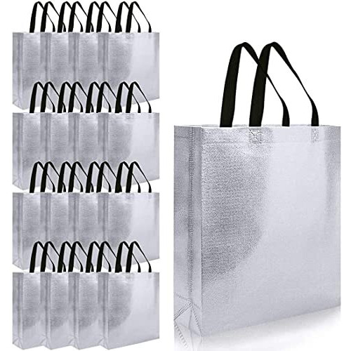 Drapme Medium Size Pack Of 20 Pcs Glossy Metallic Laminated Non-Woven Reusable Eco-Friendly Party Return Gift Bags (Silver) (Medium 12X13X4 Inch)