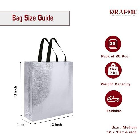 Drapme Medium Size Pack Of 20 Pcs Glossy Metallic Laminated Non-Woven Reusable Eco-Friendly Party Return Gift Bags (Silver) (Medium 12X13X4 Inch)