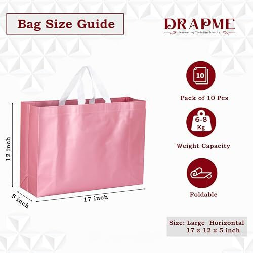 Drapme Large Size Pack Of 10 Pcs Matt Metallic Laminated Non-Woven Reusable Eco-Friendly Party Return Gift Bags (Flamingo Pink) (Large 17X12X5 Inch)