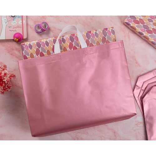 Drapme Large Size Pack Of 10 Pcs Matt Metallic Laminated Non-Woven Reusable Eco-Friendly Party Return Gift Bags (Flamingo Pink) (Large 17X12X5 Inch)