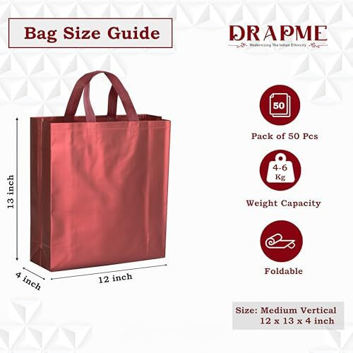Drapme Medium Size Pack Of 50 Pcs Matt Metallic Laminated Non-Woven Reusable Eco-Friendly Party Return Gift Bags (Maroon) (Medium 12X13X4 Inch)