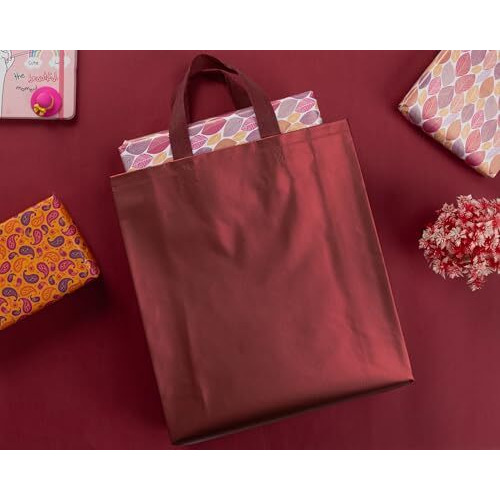 Drapme Medium Size Pack Of 50 Pcs Matt Metallic Laminated Non-Woven Reusable Eco-Friendly Party Return Gift Bags (Maroon) (Medium 12X13X4 Inch)