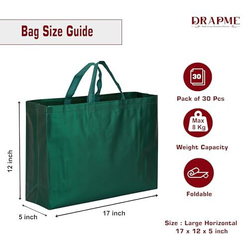 Drapme Large Size Pack Of 30 Pcs Matt Metallic Laminated Non-Woven Reusable Eco-Friendly Party Return Gift Bags (Bottle Green) (Large 17X12X5 Inch)