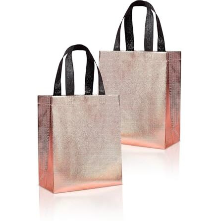 Drapme Small Size Pack Of 10 Pcs Glossy Metallic Laminated Non-Woven Reusable Eco-Friendly Party Return Gift Bags (Rose Gold) (Small 9.5X10X4 Inch)