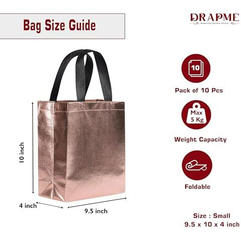 Drapme Small Size Pack Of 10 Pcs Glossy Metallic Laminated Non-Woven Reusable Eco-Friendly Party Return Gift Bags (Rose Gold) (Small 9.5X10X4 Inch)