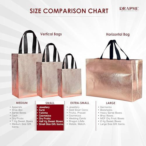Drapme Small Size Pack Of 10 Pcs Glossy Metallic Laminated Non-Woven Reusable Eco-Friendly Party Return Gift Bags (Rose Gold) (Small 9.5X10X4 Inch)