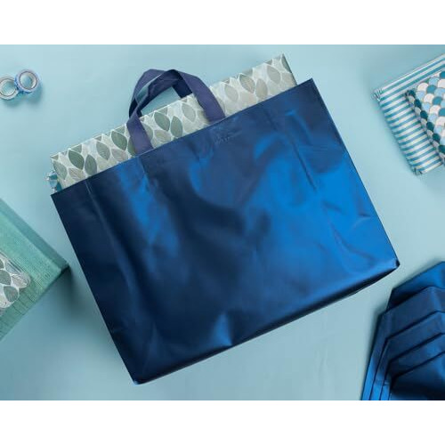 Drapme Large Size Pack Of 5 Pcs Matt Metallic Laminated Non-Woven Reusable Eco-Friendly Party Return Gift Bags (Navy Blue) (Large 17X12X5 Inch)