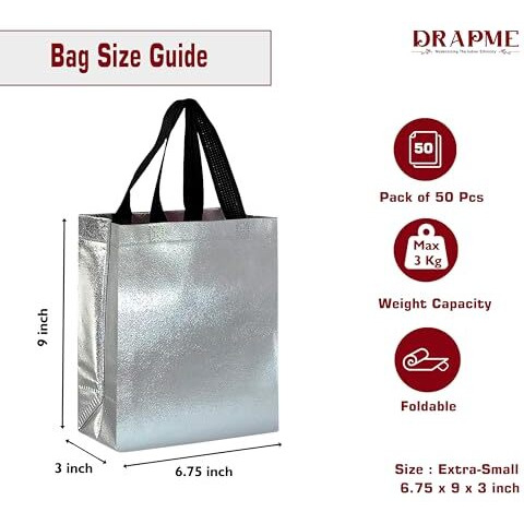 Drapme Extra-Small Size Pack Of 50 Pcs Glossy Metallic Laminated Non-Woven Reusable Eco-Friendly Party Return Gift Bags (Silver) (Extra-Small 6.75X9X3 Inch)