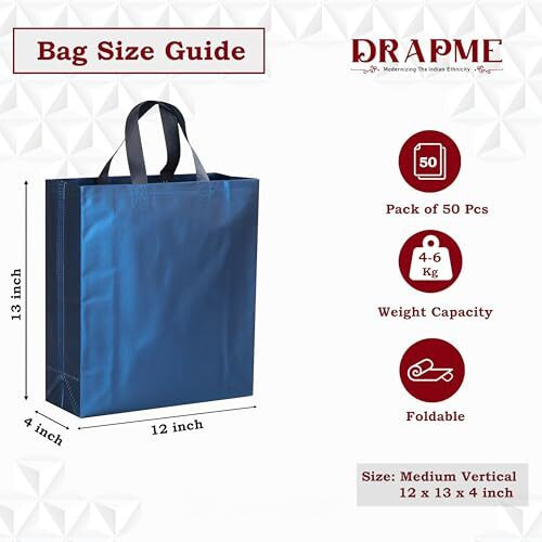 Drapme Medium Size Pack Of 50 Pcs Matt Metallic Laminated Non-Woven Reusable Eco-Friendly Party Return Gift Bags (Navy Blue) (Medium 12X13X4 Inch)