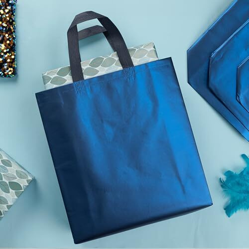 Drapme Medium Size Pack Of 50 Pcs Matt Metallic Laminated Non-Woven Reusable Eco-Friendly Party Return Gift Bags (Navy Blue) (Medium 12X13X4 Inch)