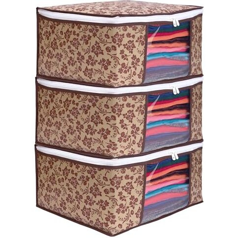Homfil Brand - Laxis Saree Covers With Zip Non-Woven Printed Saree Cover/Saree Organizer For Wardrobe/Cloth Storage With Transparent Window/Saree Bags Storage/Clothes Organizer (Brown- Pack Of 3)
