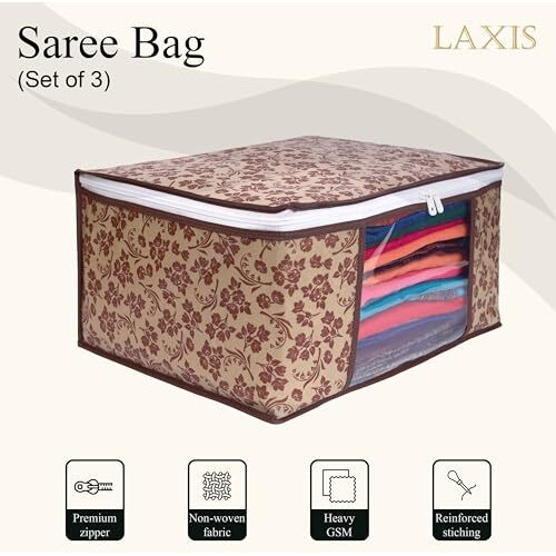 Homfil Brand - Laxis Saree Covers With Zip Non-Woven Printed Saree Cover/Saree Organizer For Wardrobe/Cloth Storage With Transparent Window/Saree Bags Storage/Clothes Organizer (Brown- Pack Of 3)