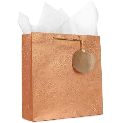 Kidsywinsy Pack Of 10 Rose Embossed Gift Bags (Medium,8.65 * 3 * 12 Inches) With Tissue & Thank You Card-Paper Gift Bags | Return Gift Bags For Pooja, Baby Shower, Festive Gifting, Birthday, Wedding