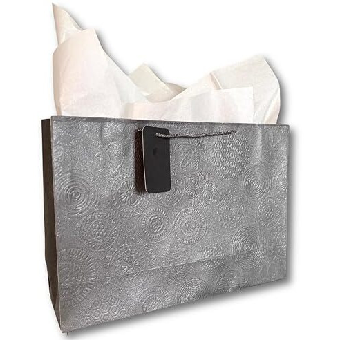 Kidsywinsy Pack Of 5 Gunmetal Embossed Gift Bags (Large,16 * 5 * 11 Inches) With Tissue & Thank You Card-Paper Gift Bag| Return Gift Bags For Pooja, Baby Shower, Festive Gifting, Birthday, Wedding