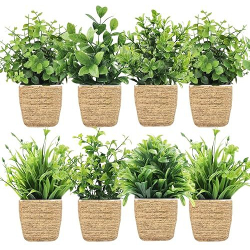 Dekorly Artificial Potted Plants, Artificial Plastic Eucalyptus Plants Small Indoor Potted Houseplants, Small Faux Plants For Home Decor Bathroom Office Farmhouse (Pack Of 8 Jute Pot)