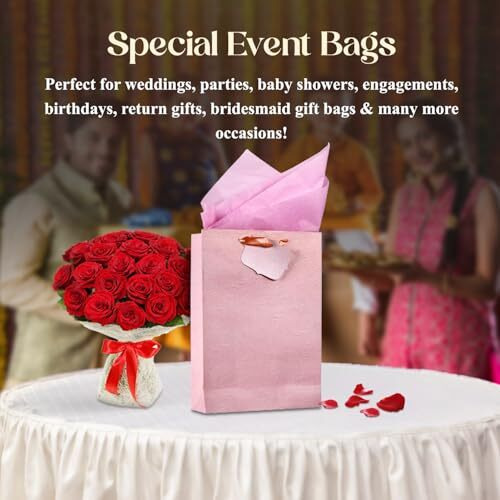 Kidsywinsy Pack Of 5 Pastel Pink Gift Bag (Small,7 * 3 * 10.5 Inches) With Tissue & Thank You Card - Paper Gift Bags | Return Gift Bags For Pooja, Baby Shower, Festive Gifting, Birthday, Wedding