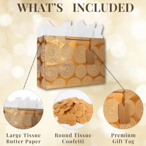 Kidsywinsy Pack Of 5 Bronze Vintage Foil Gift Bag (Large,16 * 5 * 11 Inches) With Tissue & Thank You Card-Paper Gift Bags | Return Gift Bags For Baby Shower, Festive Gifting, Birthday, Wedding