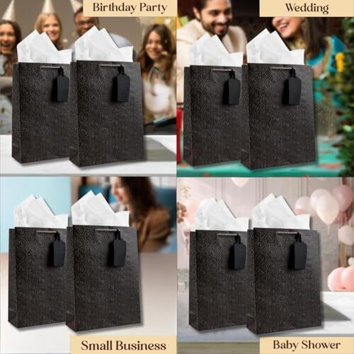 Kidsywinsy Pack Of 10 Black Embossed Gift Bags (Small,7 * 3 * 10.5 Inches) With Tissue & Thank You Card-Paper Gift Bag| Return Gift Bags For Pooja, Baby Shower, Festive Gifting, Birthday, Wedding