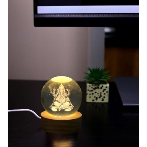 Desidiya Lord Ganesh Ji Crystal Ball Night Light 2.4 Inch Glass Ball Night Led Lamp With Woodern Base Perfect For Gift