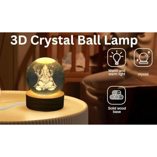 Desidiya Lord Ganesh Ji Crystal Ball Night Light 2.4 Inch Glass Ball Night Led Lamp With Woodern Base Perfect For Gift