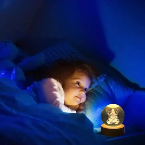 Desidiya Lord Ganesh Ji Crystal Ball Night Light 2.4 Inch Glass Ball Night Led Lamp With Woodern Base Perfect For Gift