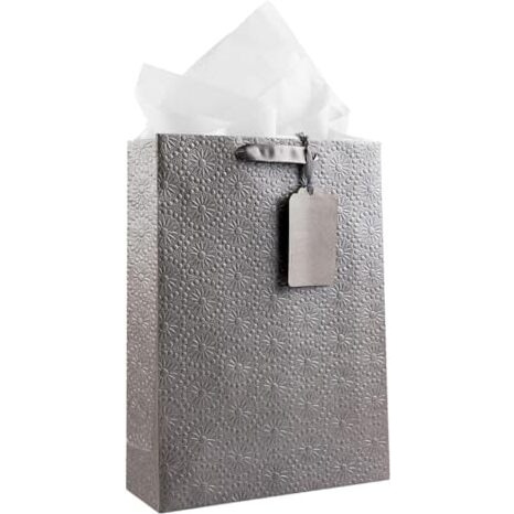 Kidsywinsy Pack Of 10 Silver Embossed Gift Bags (Small,7 * 3 * 10.5 Inches) With Tissue & Thank You Card-Paper Gift Bags | Return Gift Bags For Pooja, Baby Shower, Festive Gifting, Birthday, Wedding