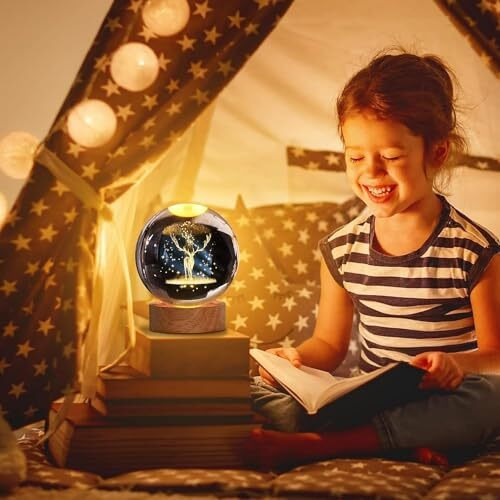 Desidiya Deer 3D Crystal Ball Night Light With Wooden Base - Led Usb Table Lamp For Kids, Teens, And Home Decor