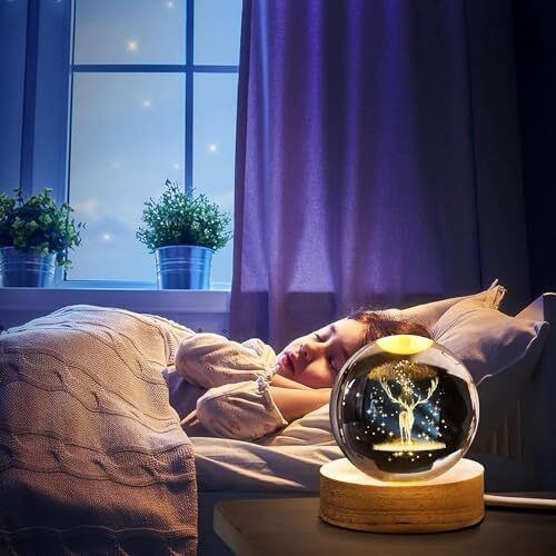 Desidiya Deer 3D Crystal Ball Night Light With Wooden Base - Led Usb Table Lamp For Kids, Teens, And Home Decor