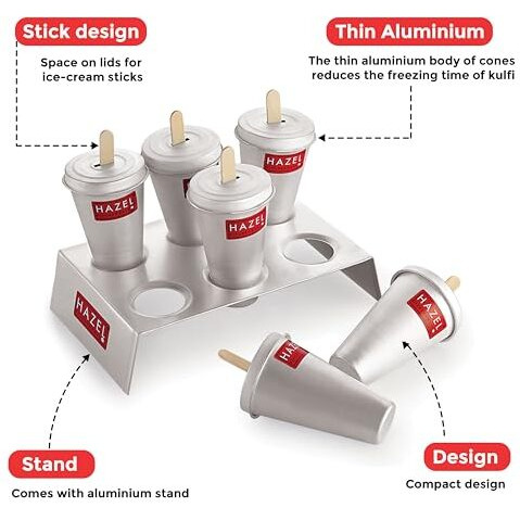 Hazel Aluminium Kulfi Mould |Kulfi Moulds Set Of 12 With 2 Stand & 24 Ice Cream Sticks Diy Kit |Reusable Ice Cream Maker Popsicle Mould