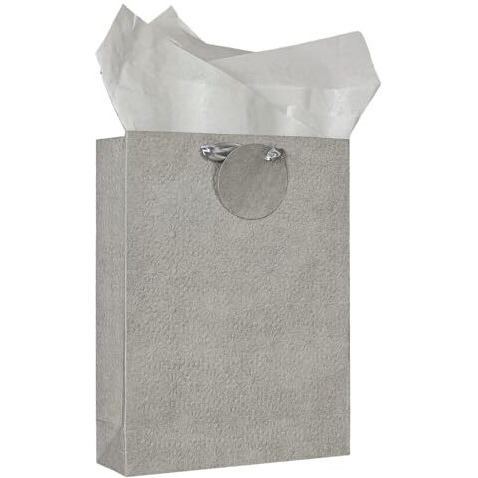 Kidsywinsy Pack Of 5 Silver Embossed Gift Bag (Medium,8.65 * 3 * 12 Inches) With Tissue & Thank You Card-Paper Gift Bags | Return Gift Bags For Pooja, Baby Shower, Festive Gifting, Birthday, Wedding