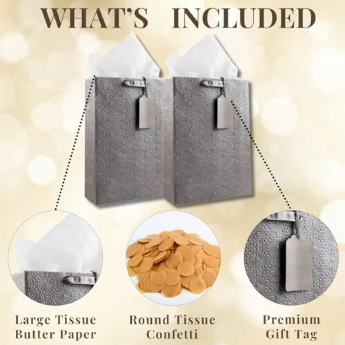 Kidsywinsy Pack Of 5 Silver Embossed Gift Bag (Medium,8.65 * 3 * 12 Inches) With Tissue & Thank You Card-Paper Gift Bags | Return Gift Bags For Pooja, Baby Shower, Festive Gifting, Birthday, Wedding