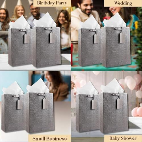 Kidsywinsy Pack Of 5 Silver Embossed Gift Bag (Medium,8.65 * 3 * 12 Inches) With Tissue & Thank You Card-Paper Gift Bags | Return Gift Bags For Pooja, Baby Shower, Festive Gifting, Birthday, Wedding