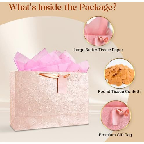 Kidsywinsy Pack Of 5 Pastel Pink Gift Bag (Large, 16 * 5 * 11 Inches) With Tissue & Thank You Card - Paper Gift Bags | Return Gift Bags For Pooja, Baby Shower, Festive Gifting, Birthday, Wedding