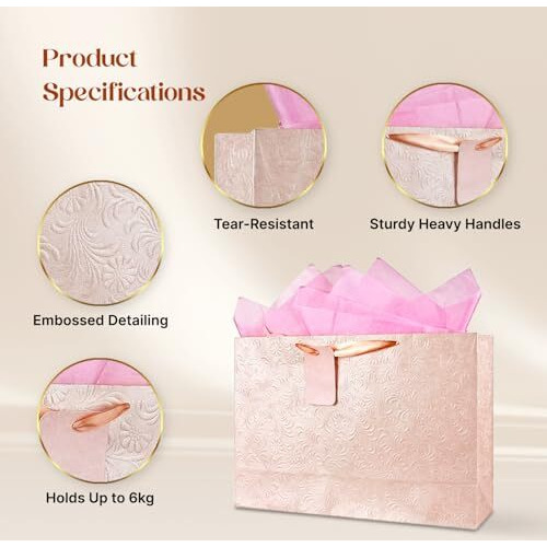 Kidsywinsy Pack Of 5 Pastel Pink Gift Bag (Large, 16 * 5 * 11 Inches) With Tissue & Thank You Card - Paper Gift Bags | Return Gift Bags For Pooja, Baby Shower, Festive Gifting, Birthday, Wedding