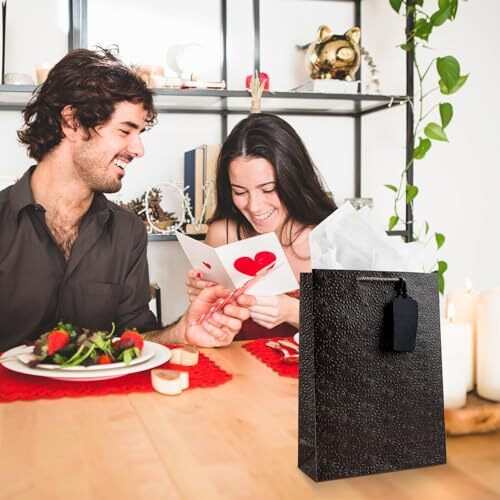 Kidsywinsy Pack Of 10 Black Embossed Gift Bags (Medium,8.65 * 3 * 12 Inches) With Tissue & Thank You Card-Paper | Return Gift Bags For Pooja, Baby Shower, Festive Gifting, Birthday, Wedding