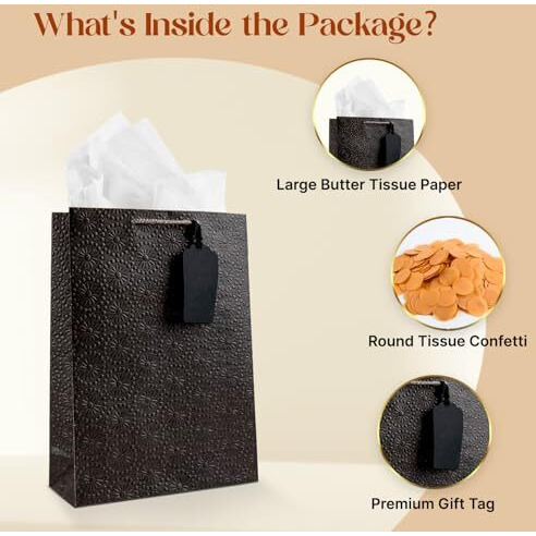 Kidsywinsy Pack Of 10 Black Embossed Gift Bags (Medium,8.65 * 3 * 12 Inches) With Tissue & Thank You Card-Paper | Return Gift Bags For Pooja, Baby Shower, Festive Gifting, Birthday, Wedding