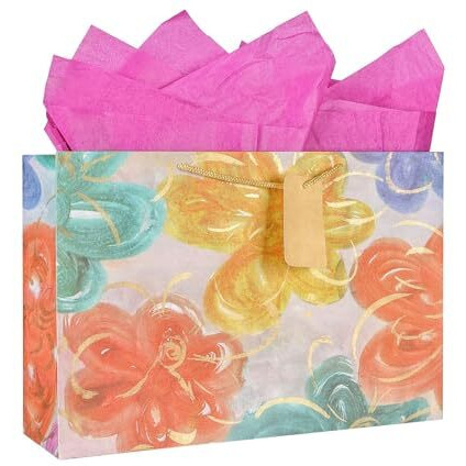 Kidsywinsy Pack Of 5 Flowers Gift Bag (Large,16 * 5 * 11 Inches) With Tissue & Thank You Card-Paper Gift Bags | Return Gift Bags For Pooja, Baby Shower, Festive Gifting, Birthday, Wedding