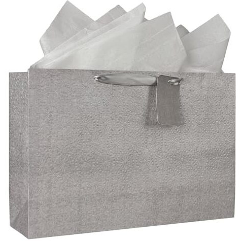 Kidsywinsy Pack Of 10 Silver Embossed Gift Bag (Large,16 * 5 * 11 Inches) With Tissue & Thank You Card-Paper Gift Bags | Return Gift Bags For Pooja, Baby Shower, Festive Gifting, Birthday, Wedding