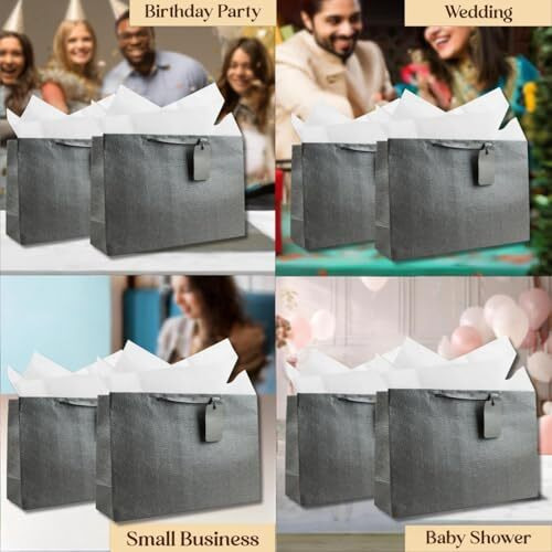 Kidsywinsy Pack Of 10 Silver Embossed Gift Bag (Large,16 * 5 * 11 Inches) With Tissue & Thank You Card-Paper Gift Bags | Return Gift Bags For Pooja, Baby Shower, Festive Gifting, Birthday, Wedding