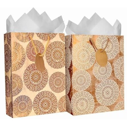 Kidsywinsy Pack Of 5 Bronze Vintage Foil Gift Bag (Medium,8.65 * 3 * 12 Inches) With Tissue & Thank You Card-Paper Gift Bags | Return Gift Bags For Baby Shower, Festive Gifting, Birthday, Wedding