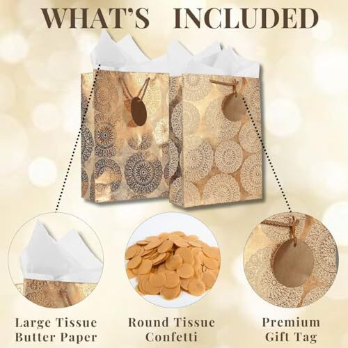 Kidsywinsy Pack Of 5 Bronze Vintage Foil Gift Bag (Medium,8.65 * 3 * 12 Inches) With Tissue & Thank You Card-Paper Gift Bags | Return Gift Bags For Baby Shower, Festive Gifting, Birthday, Wedding