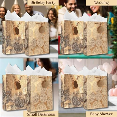 Kidsywinsy Pack Of 5 Bronze Vintage Foil Gift Bag (Medium,8.65 * 3 * 12 Inches) With Tissue & Thank You Card-Paper Gift Bags | Return Gift Bags For Baby Shower, Festive Gifting, Birthday, Wedding