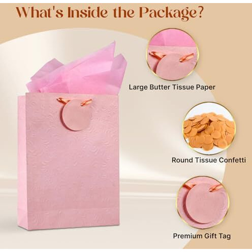 Kidsywinsy Pack Of 5 Pastel Pink Gift Bag (Medium,8.65 * 3 * 12 Inches) With Tissue & Thank You Card - Paper Gift Bags | Return Gift Bags For Pooja, Baby Shower, Festive Gifting, Birthday, Wedding