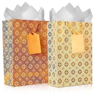 Kidsywinsy Pack Of 5 Copper Foil Gift Bag (Small,7 * 3 * 10.5 Inches) With Tissue & Thank You Card-Paper Gift Bags | Return Gift Bags For Pooja, Baby Shower, Festive Gifting, Birthday, Wedding
