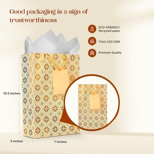 Kidsywinsy Pack Of 5 Copper Foil Gift Bag (Small,7 * 3 * 10.5 Inches) With Tissue & Thank You Card-Paper Gift Bags | Return Gift Bags For Pooja, Baby Shower, Festive Gifting, Birthday, Wedding