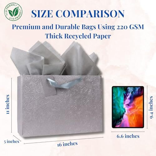 Kidsywinsy Pack Of 5 Pastel Grey Gift Bags (Large, 16 * 5 * 11 Inches) With Tissue & Thank You Card - Paper Gift Bags | Return Gift Bag For Pooja, Baby Shower, Festive Gifting, Birthday, Wedding